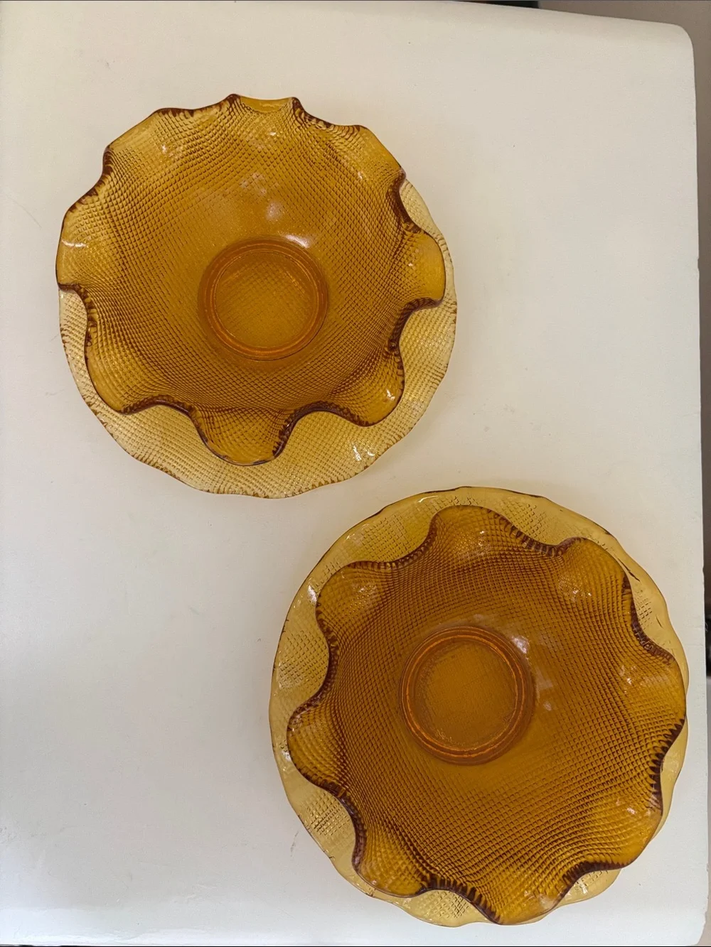 Vintage Colony Amber Waffle Ruffled Glass Dessert Bowl & Plate Sets | Set of 2